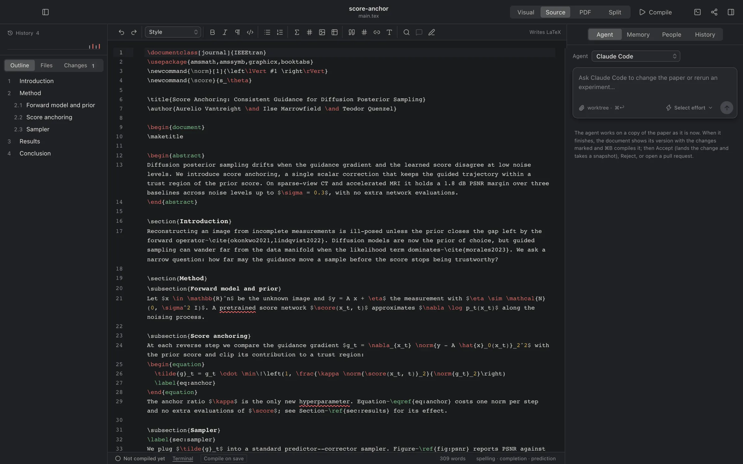 Source view: the LaTeX with line numbers, syntax colour and the formatting bar.