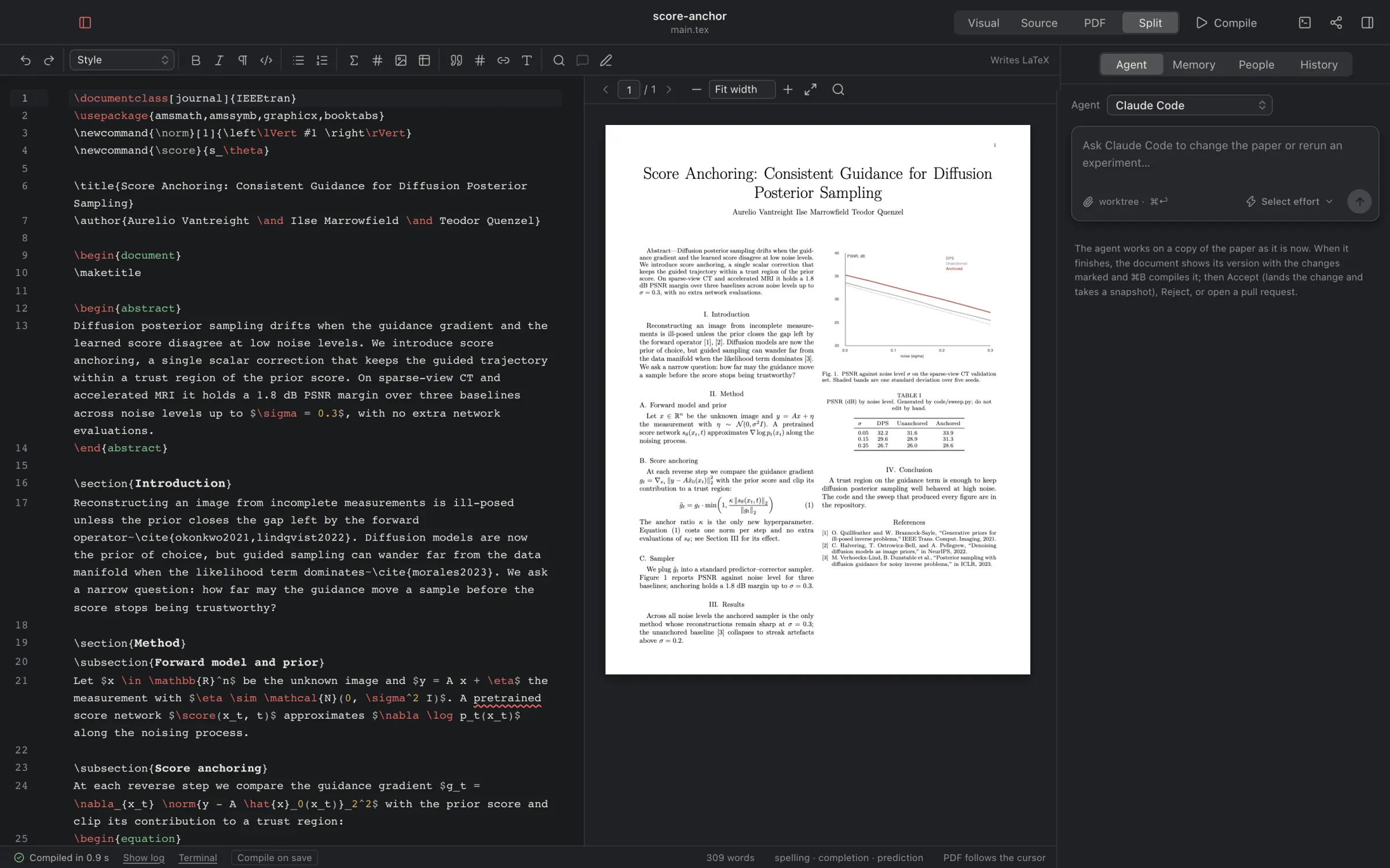 Split view: the LaTeX source beside the compiled PDF, which follows the cursor.