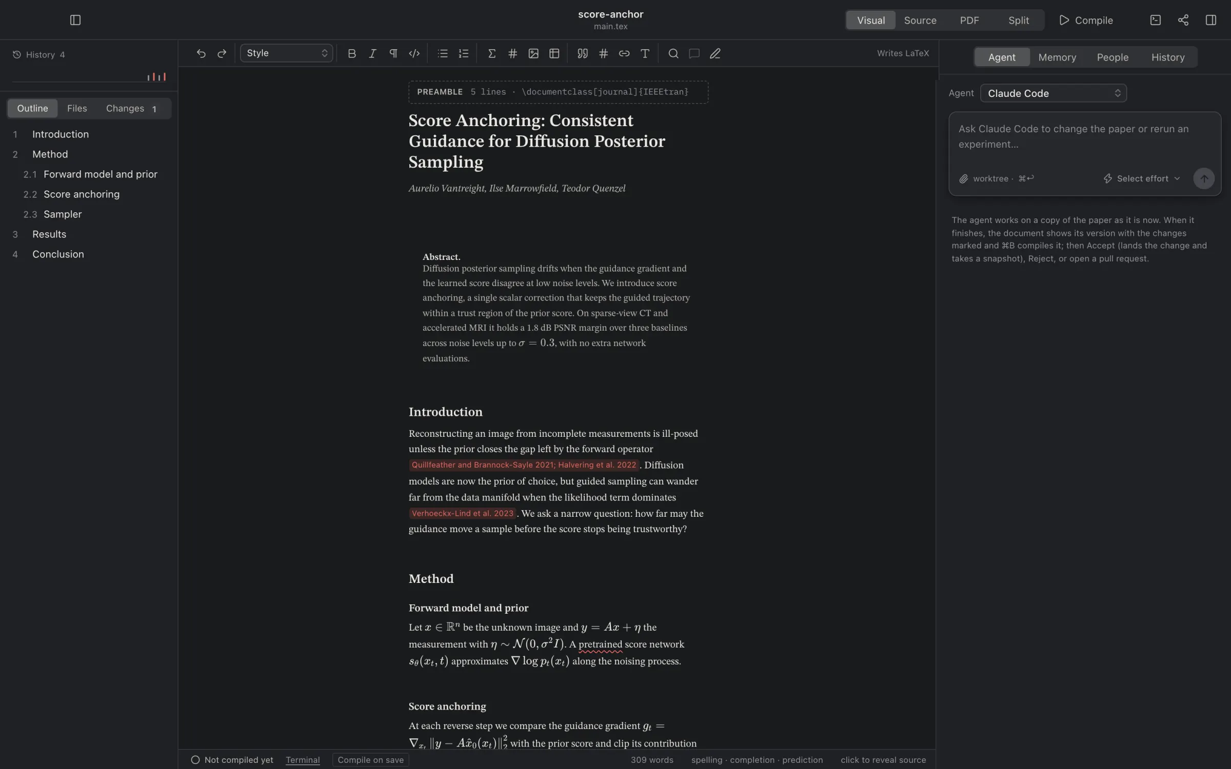 Visual view: the paper reads like the compiled page, with the title, abstract, sections and citations rendered in place.